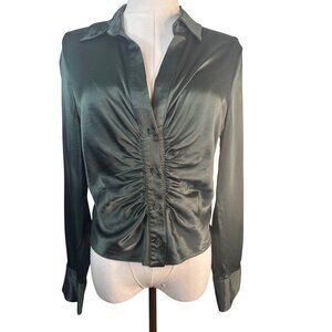 ZARA Dark Green Large Ruched Button-Up Blouse